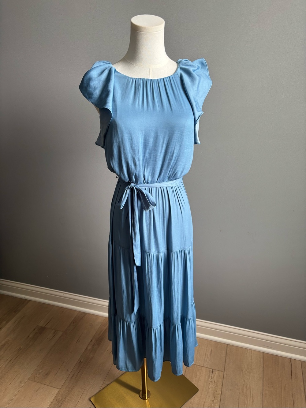 LOFT Dusty Blue Tiered Midi Dress With Flutter Sleeves